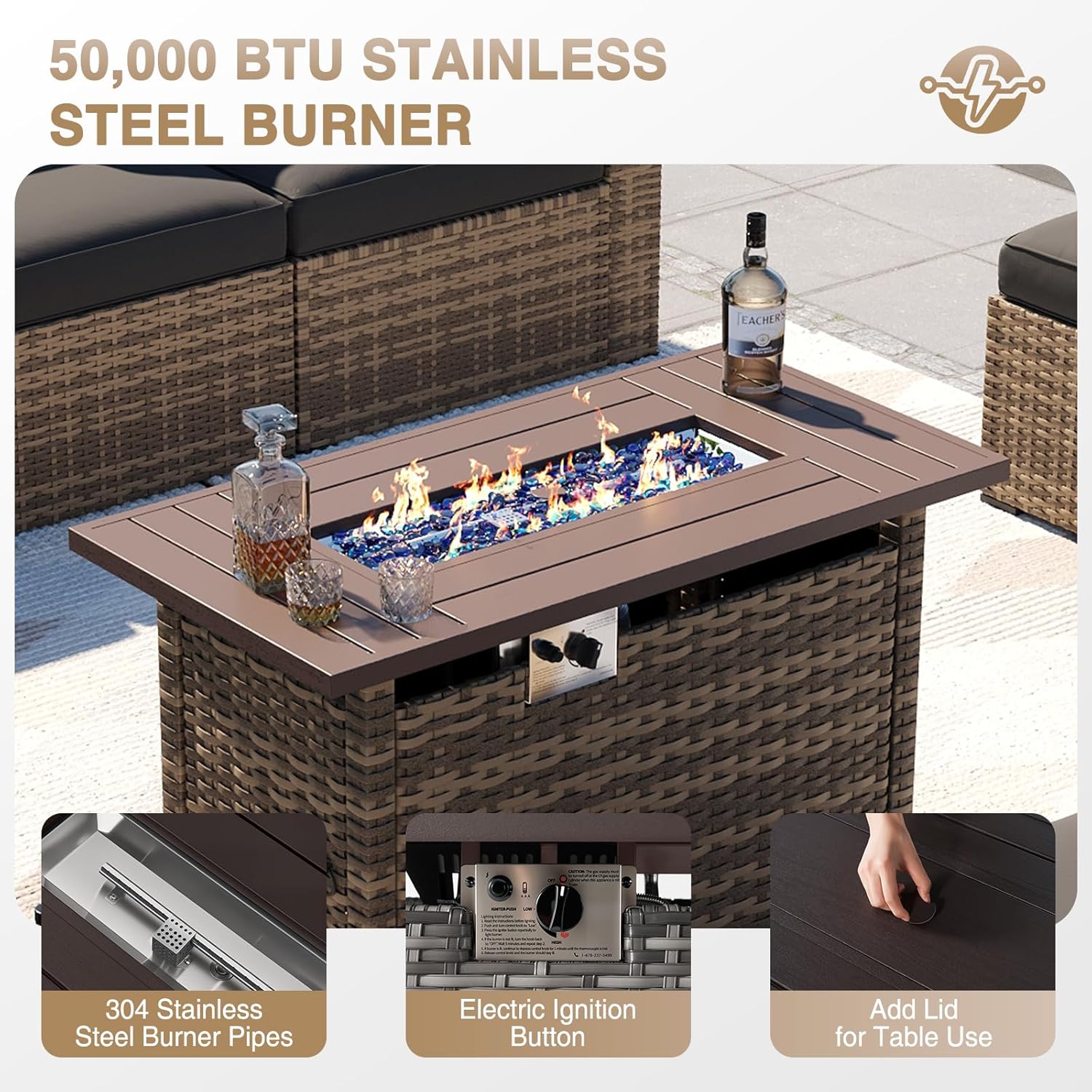 Aoxun Patio Furniture Sets, 8-Piece Outdoor Patio Furniture with 44'' Propane Gas Firepit Table, Wicker Outdoor Conversation Set Sectional Sofa for Backyard, Poolside, Garden (Black Cushion)