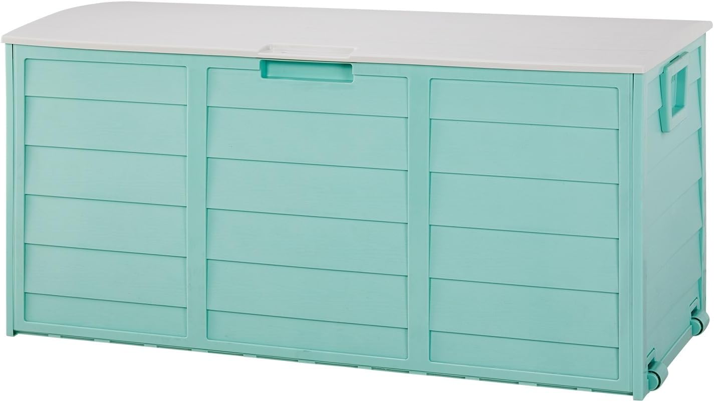 280L Outdoor Garden Deck Box with Wheels, Lockable Resin Storage Chest with Handles, Waterproof Organizer for Patio Tools, Cushions (Green, 44