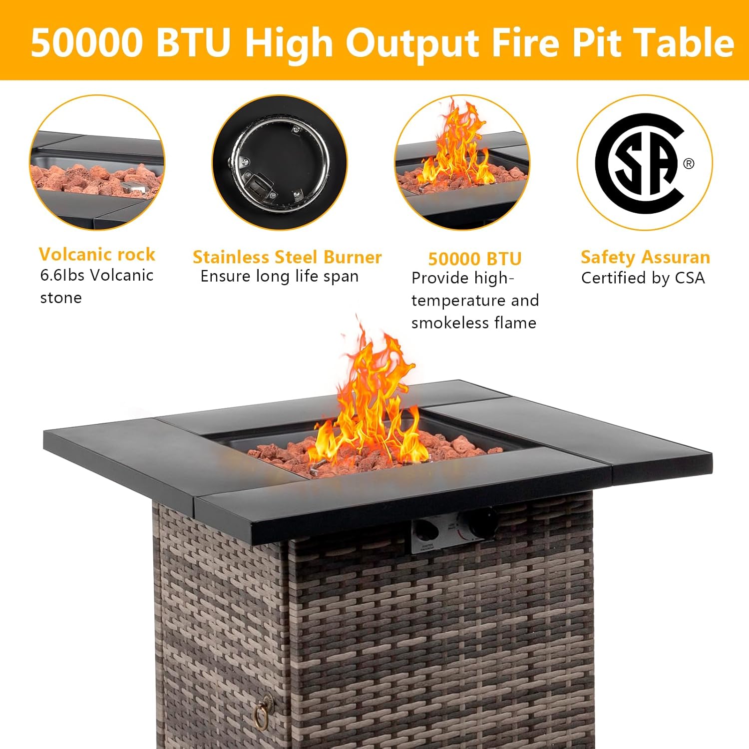 28 inch Wicker Propane Fire Pit Table, CSA-Certified, Outdoor Patio Fire Pit Table 50,000 BTU Gas Firepits with Lid and Lava Rocks for Deck Garden Backyard (28 inch)