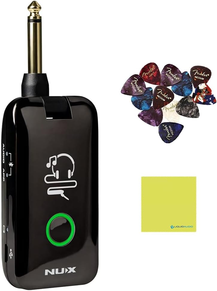 NUX Mighty Plug MP-2 Guitar and Bass Modeling Headphone Amplug Bundle with 12X Guitar Picks and Instrument Polishing Cloth - Bluetooth,13 Amplifier Models,20 IR,19 Variety of Effects