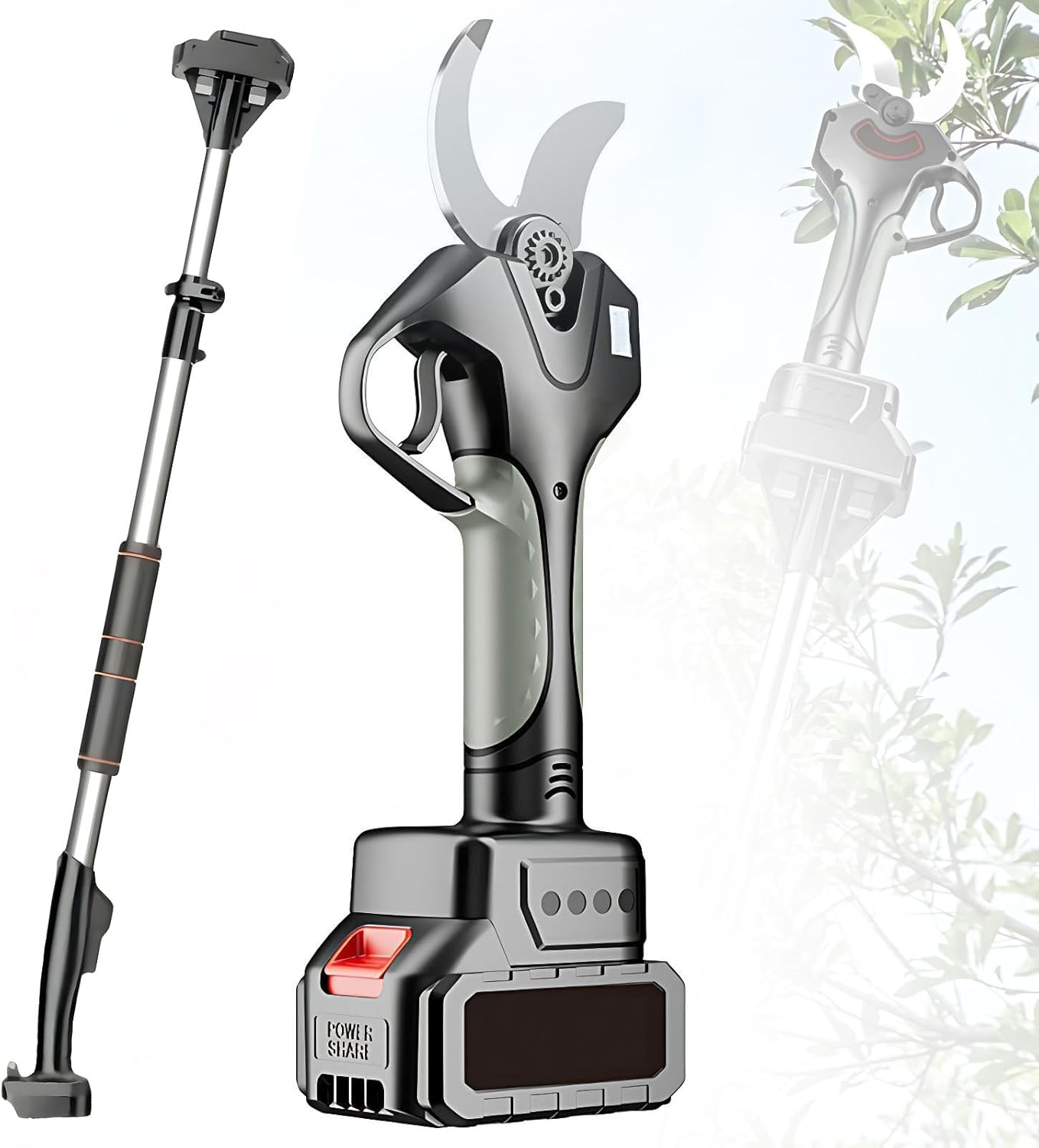 Heavy Duty Cordless Pruning Shears & Pole Pruner, 21V Electric, 4cm/1.6in Cutting Diameter, 7FT Extension, Blades, Rechargeable Battery for Fruit Trees 2batteries