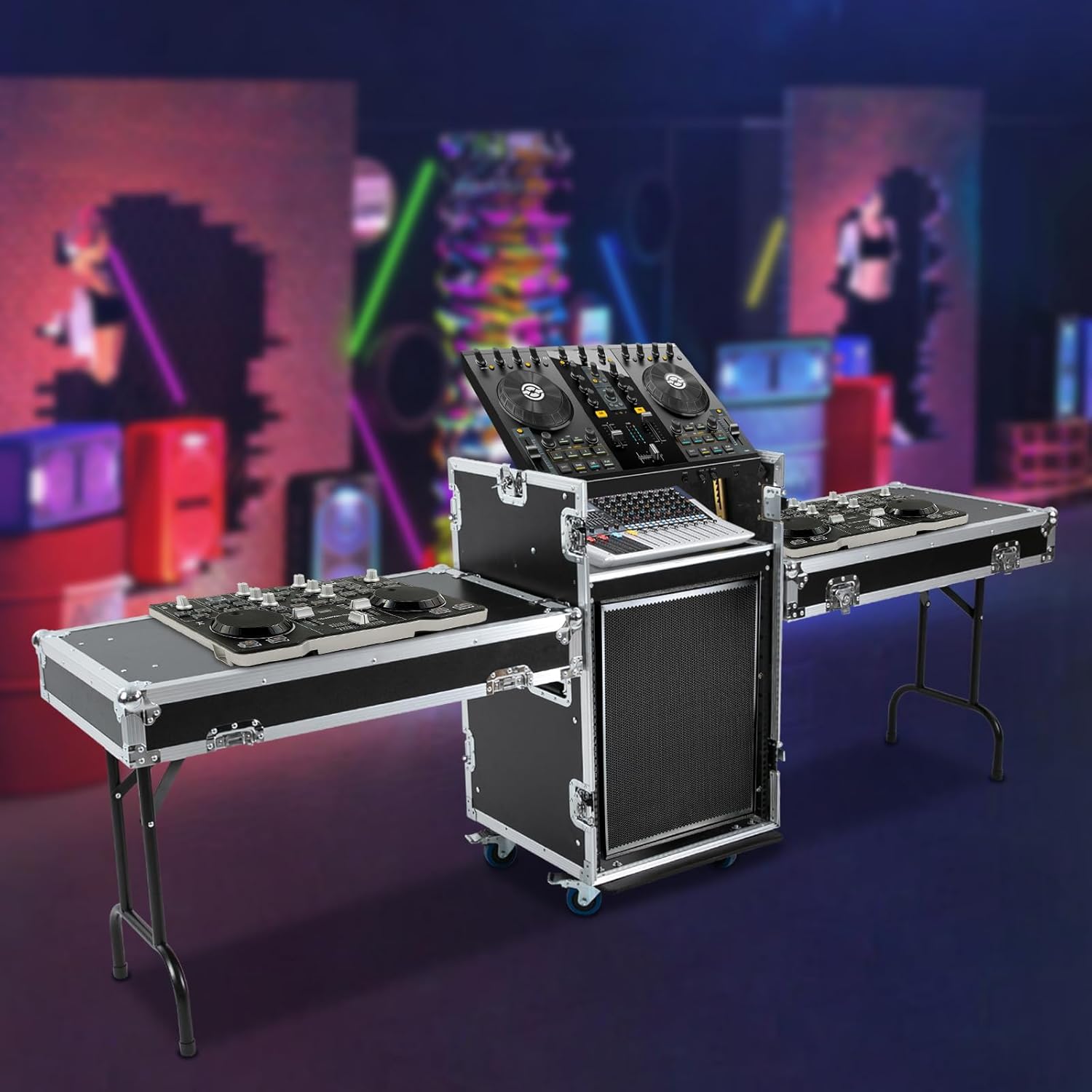 14U Mobile PA DJ Rack Road Case, Network & Stereo Rack with DJ Mixer Tops, Heavy-Duty 2-Tier Studio Equipment Cabinet with 4 Wheels, Amplifier Mixer Storage Stand for Live Sound, KTV, Home Theater