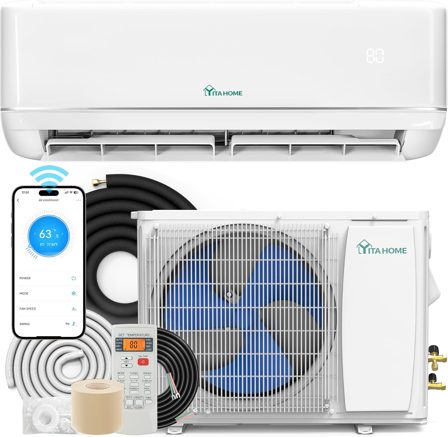 YITAHOME 24000 BTU Mini Split Air Conditioner Heat Pump System, 21 SEER2 208-230V Ductless Inverter System with Wi-Fi & Alexa Compatibility, Cover Up to 1500 Sq. Ft, Complete Installation Kit Included