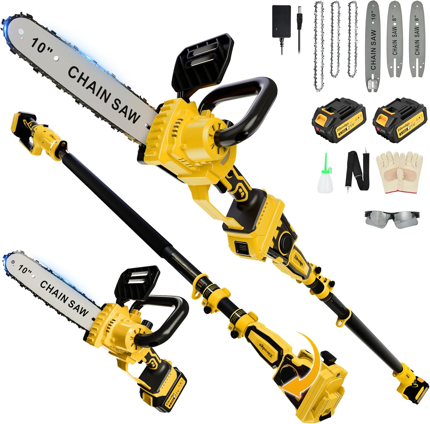 8 Inch/ 10 Inch Electric Pole Saws for Tree Trimming & Mini Chainsaw 4-IN-1, Cordless Pole Saw Battery Powered, Chain Saw with Extension Pole, Total Reach of Max 15ft, Limb Branch Cutter Pruner