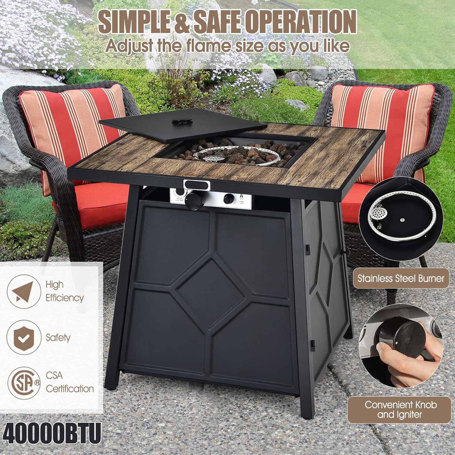 Tangkula 28 Inches Propane Fire Pit Table, 40,000 BTU Square Fire Table with Lid, Lava Stone, Waterproof Cover and Instant Touch-Up Pen, Outdoor Dining Gas Fire Pit Table with Adjustable Flame