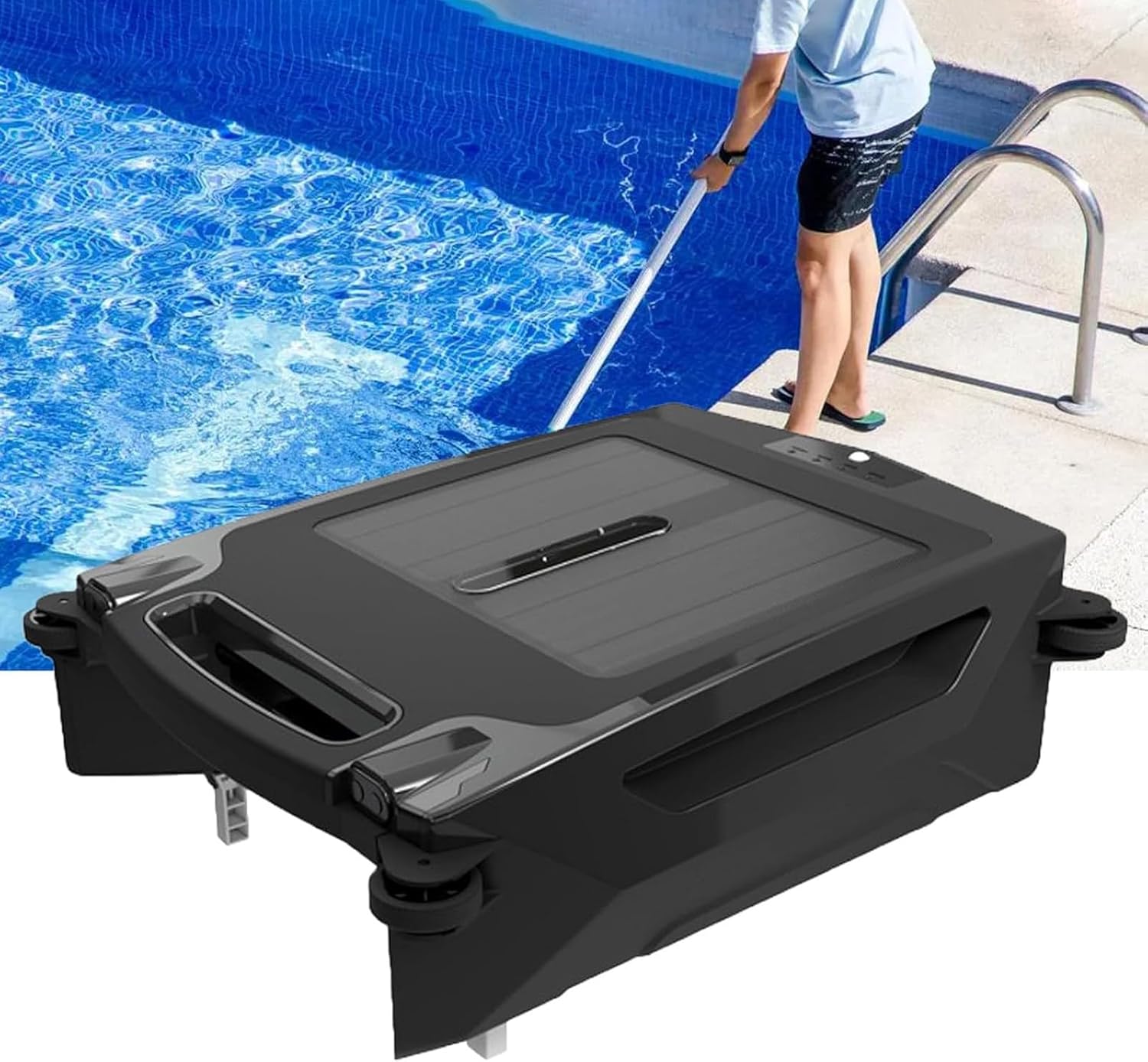Solar Robotic Pool Skimmer Cleaner, Automatic Cordless Pool Skimmer for Above Ground Pool with Dual Charging Options Path Optimization, Two Speed Modes Saltwater Compatibility
