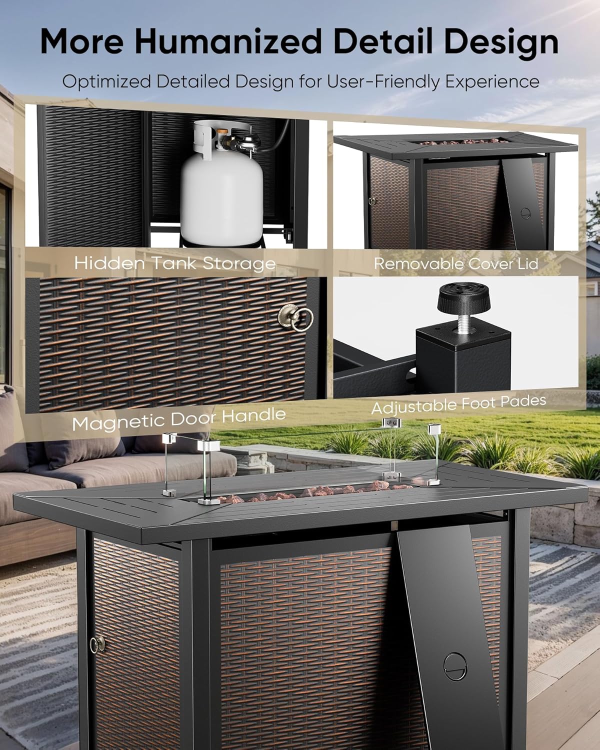 HUMMUH 5-Piece Patio Furniture Set with Fire Pit,Wicker Outdoor Swivel Rocker Chairs Patio Sofa for Backyard,Poolside,Deck