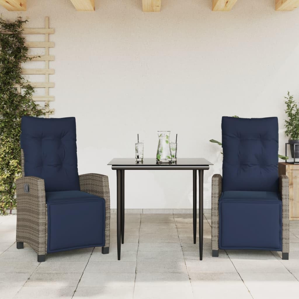 3 Piece Patio Dining Set with Cushions Gray Poly Rattan,Outdoor Dining Set with Adjustable Backrest and Padded Cushions for Garden, Patio, or Backyard Furniture Sets for Patio, Lawn & Garden