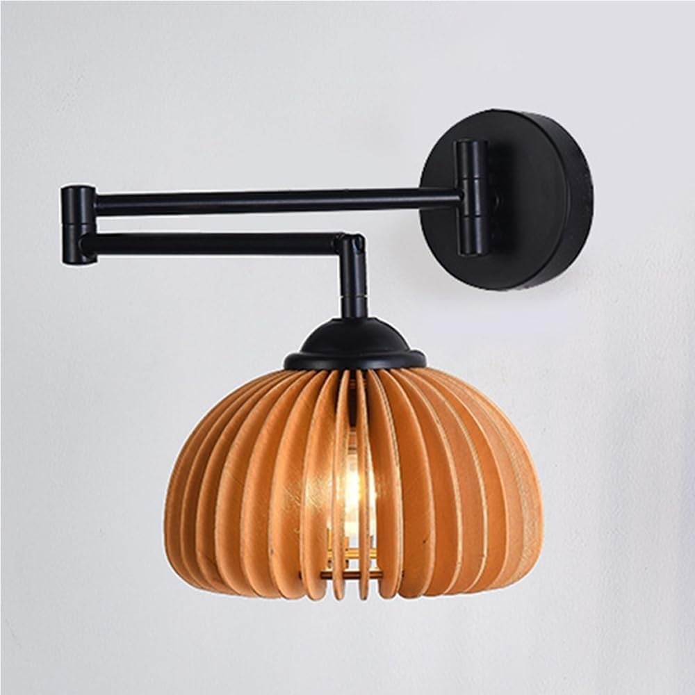 Black Metal Swing Arm Wall Reading Lamp with Shade Wood Wall Sconce E27 Farmhouse Bedside Lighting Fixture for Bedroom Warm White Bulb Compatible(Wood Color)