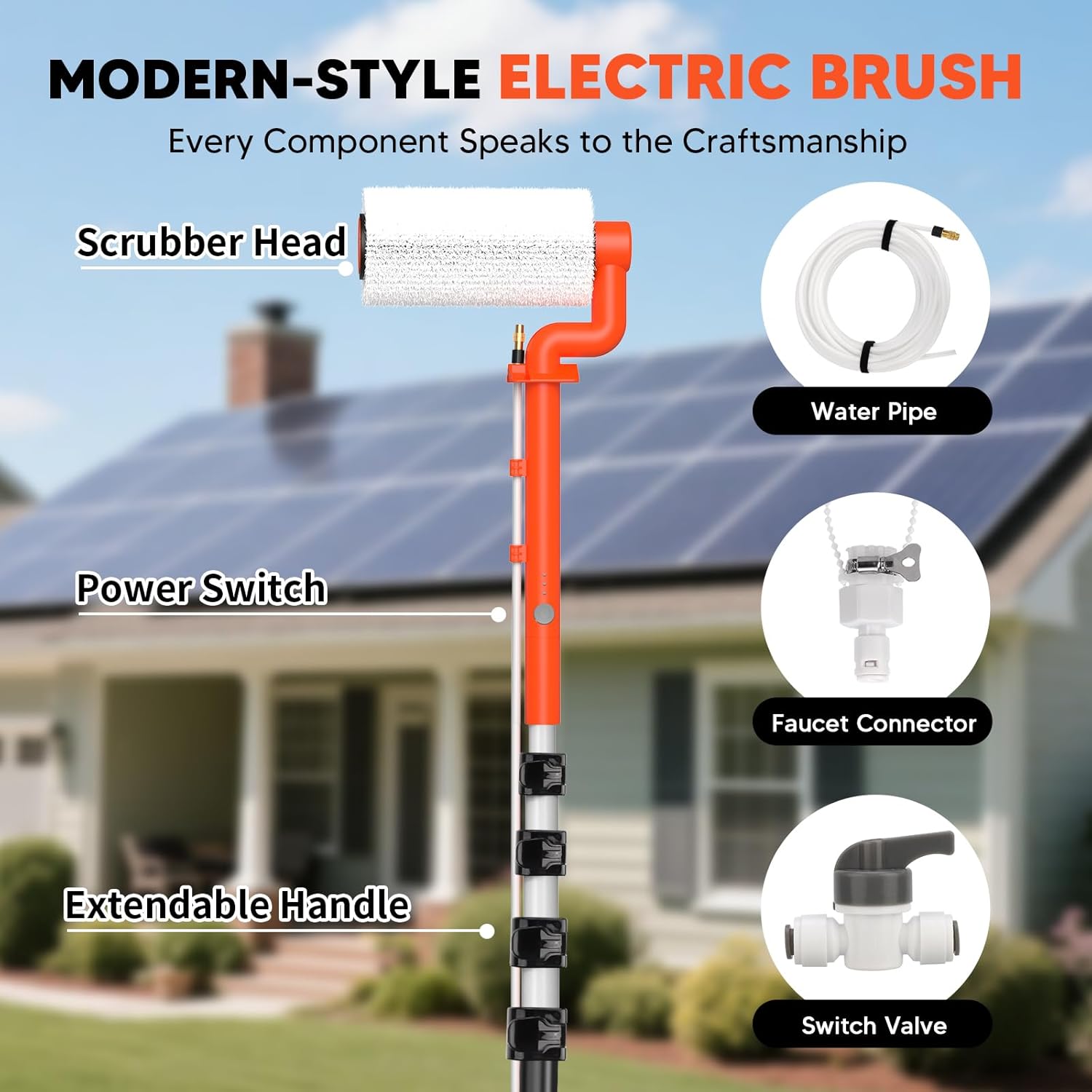 Electric Solar Panel Cleaning Brush: 20FT Adjustable Water Fed Pole Solar Panel Cleaning Kit with 23FT Water Pipe - Versatile Photovoltaic Brush for Solar Panels, Windows, Roofs