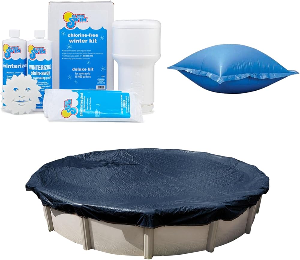 In The Swim Swimming Pool Winterization Bundle: Includes a 21' Round Economy Swimming Pool Winter Cover, 15k Gallon Pool Winter Closing Kit, and 4'x4' Air Pillow