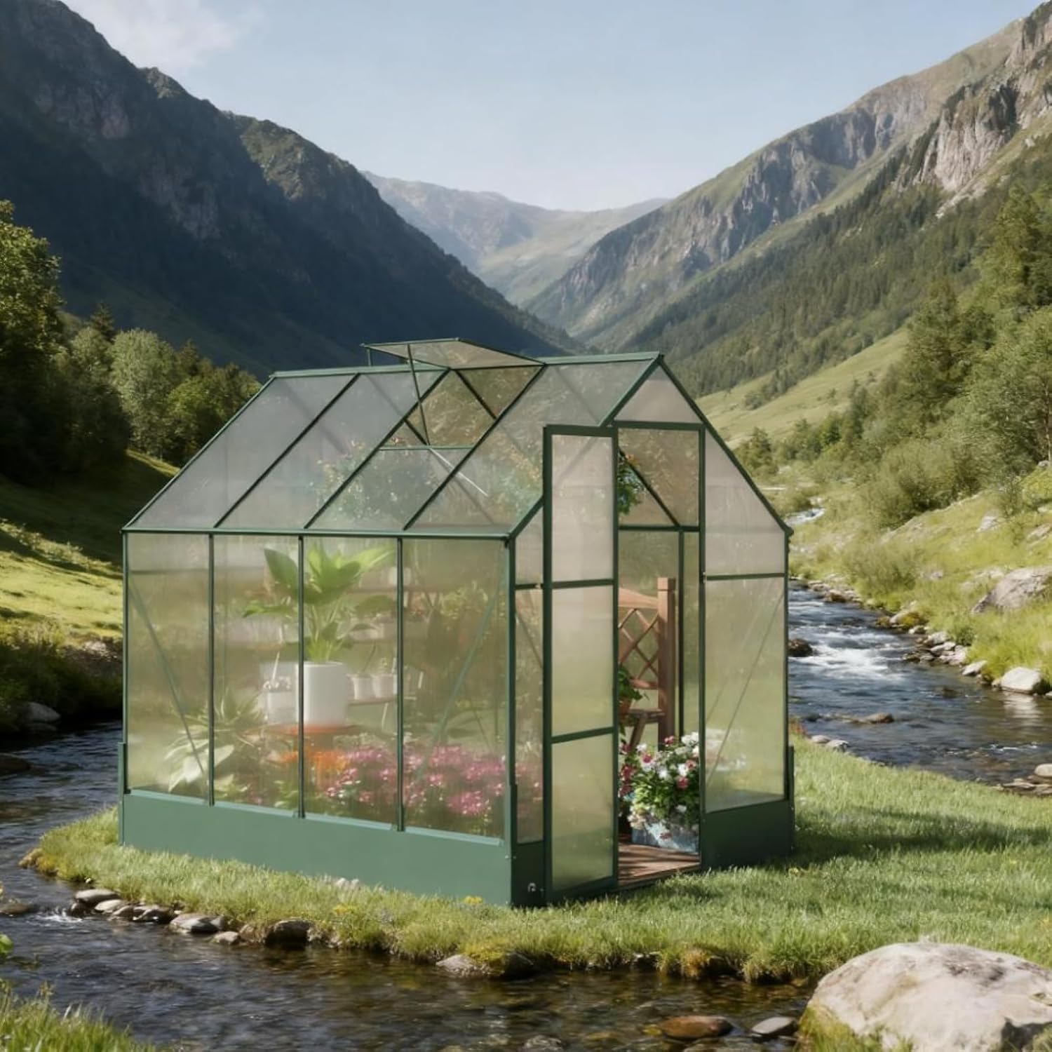 Greenhouse for Outdoors, Heavy Duty Polycarbonate Hot House with Rain Gutter and Roof Vent, Large Aluminum Walk-in Green Houses for Outside Garden, Patio & Backyard (Green 8x6FT)