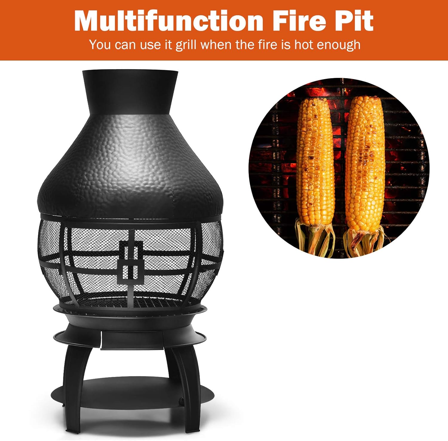 Giantex Wood Burning Chiminea, Heavy Duty Fireplace Chiminea Wooden Fire Pit with 2-Piece Log Grate, Premium Rain Cap & Fire Poker, 360°Fire Retardant Mesh Cover, Ideal for Garden, Patio, Backyard
