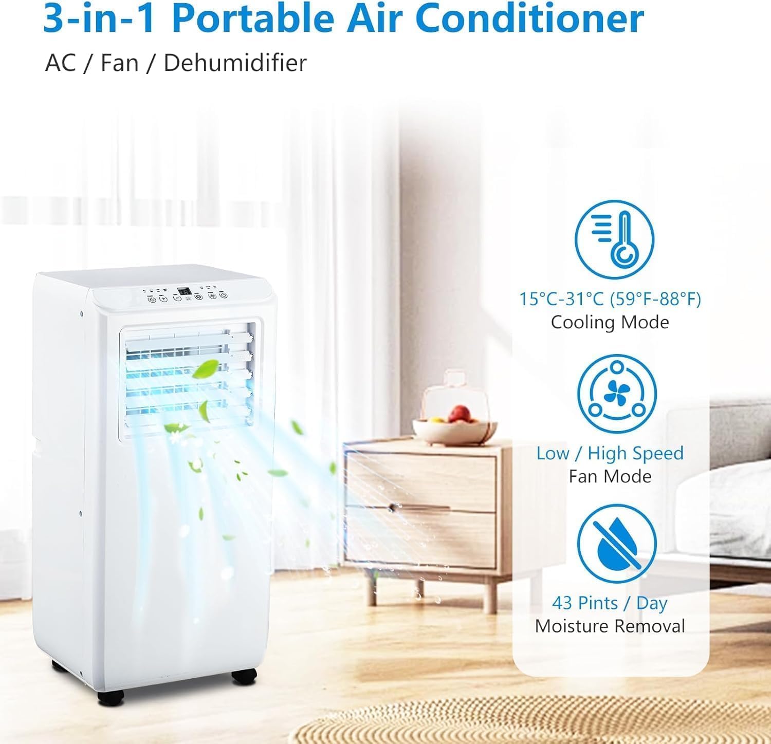 Portable Air Conditioner - 10,000 BTU, 3-in-1 Functionality (Cool, Dry, Fan), Quiet Operation, LED Touch & Remote Control, Cools Rooms Up to 450 Sq.Ft, White