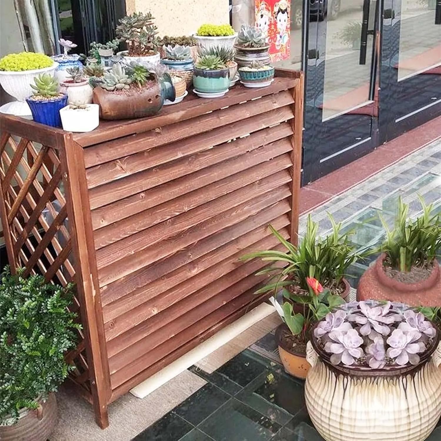 Weatherproof Air Conditioner Fence Screen Air Conditioner Rack Outdoor Radiator Covers, Solid Wood Cover Outdoor Plant Rack, Brown Grid Conditioning Shell Blinds Outer Cover Louvered ( Size : 100x43x9