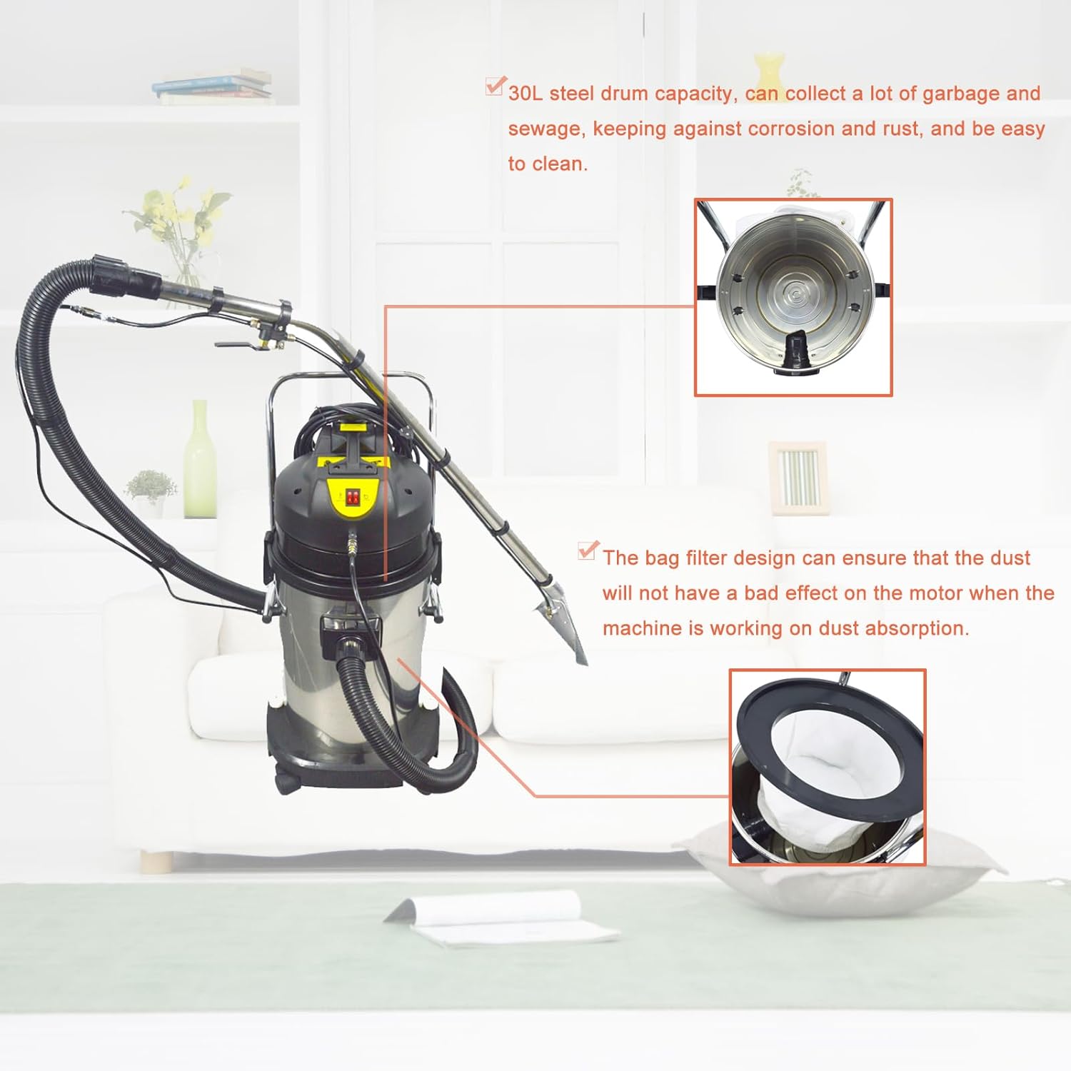 Carpet Extractor Machine 30L 3-in-1 Stainless Steel Carpet Cleaner for Corridor, Conference Hall and Restaurant 110V 1000W