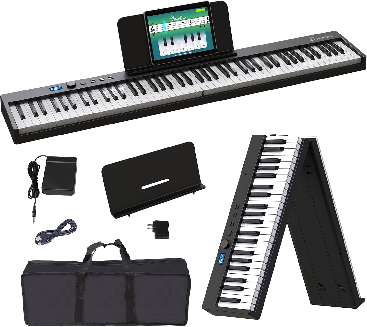 Folding Piano Keyboard 88 Key, Portable Piano Keyboard with Standard Semi Weighted Key, Foldable Piano Support Bluetooth/MIDI with Pedal, Speakers, Ideal for Beginner and Adult
