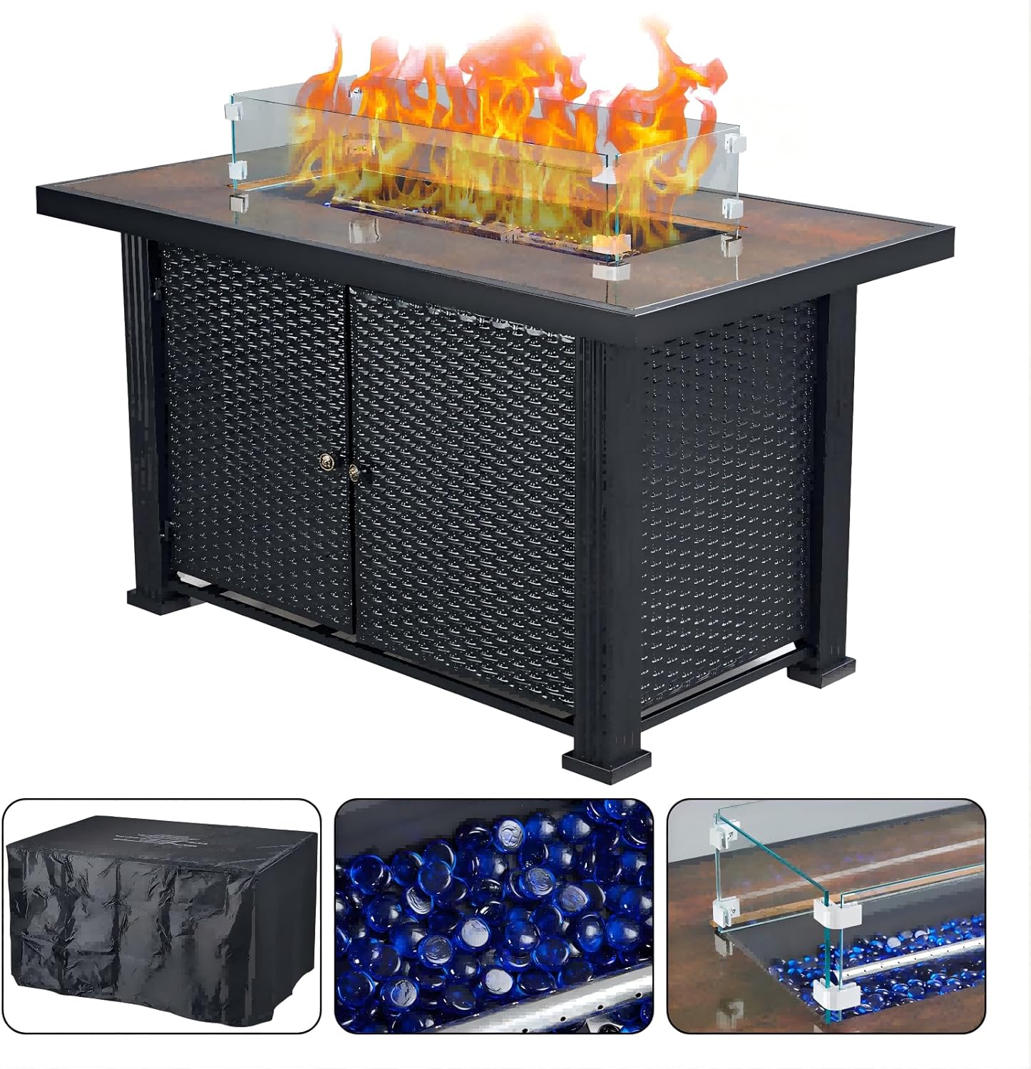 Rectangle Fire Table, 44 Inch Propane Fire Pit Table, 50000BTU, Rattan Panel, Glass Wind Guard, Black Tempered Glass Tabletop, CSA Safety Certified, Companion for Your Garden