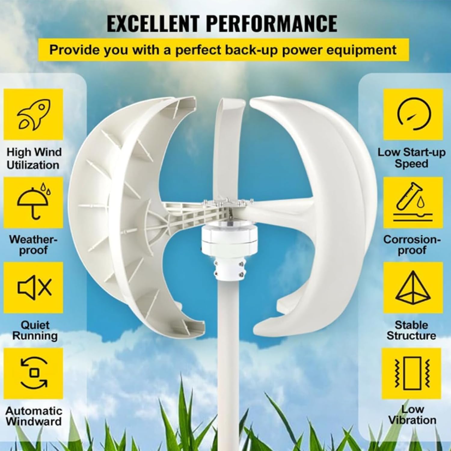 48V,BAOJUHUIKANG 1000W-5000W Vertical Axis Wind Turbine Generator, 5 Blades Wind Turbine Kit 2M/S Wind Speed Starting Wind Power Generator - White