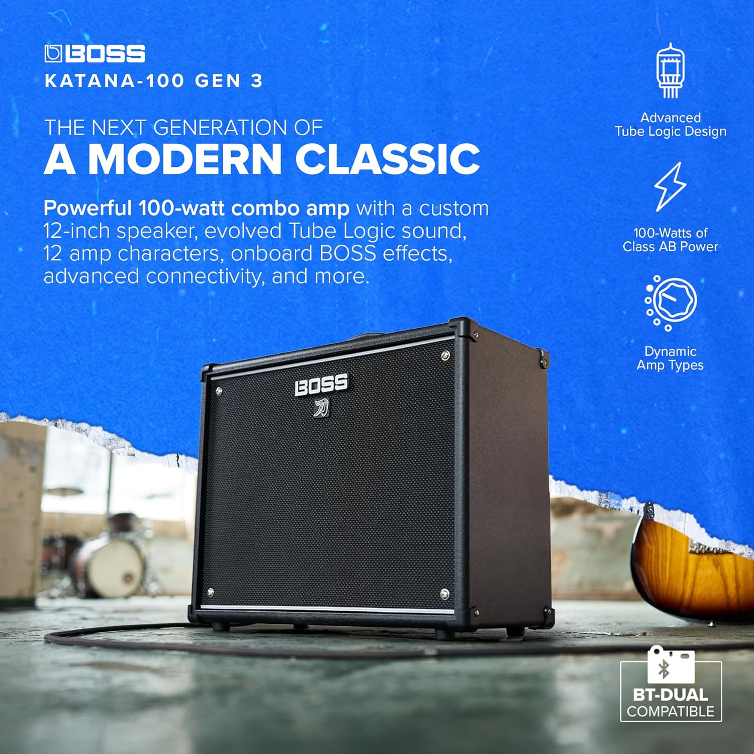 BOSS Katana-100 Gen 3 Guitar Amplifier | Powerful 100-Watt Combo Amp | Custom 12-Inch Speaker | Evolved Tube Logic Sounds | 12 Amp Characters | Onboard BOSS Effects | Advanced Connectivity & More