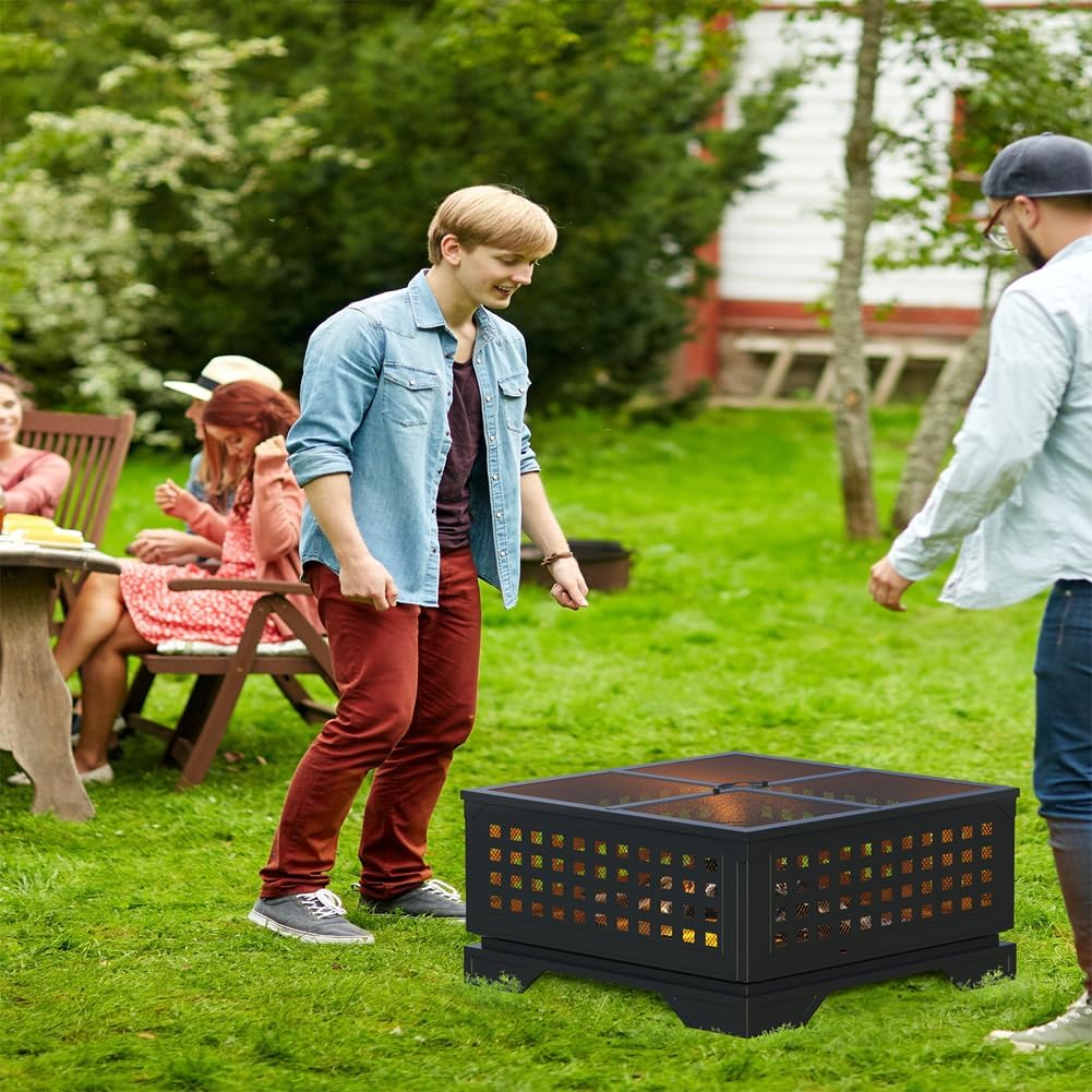 21.7 Inches Foldable Portable Square Fire Pit, Black, Wood Burning, Modern Style