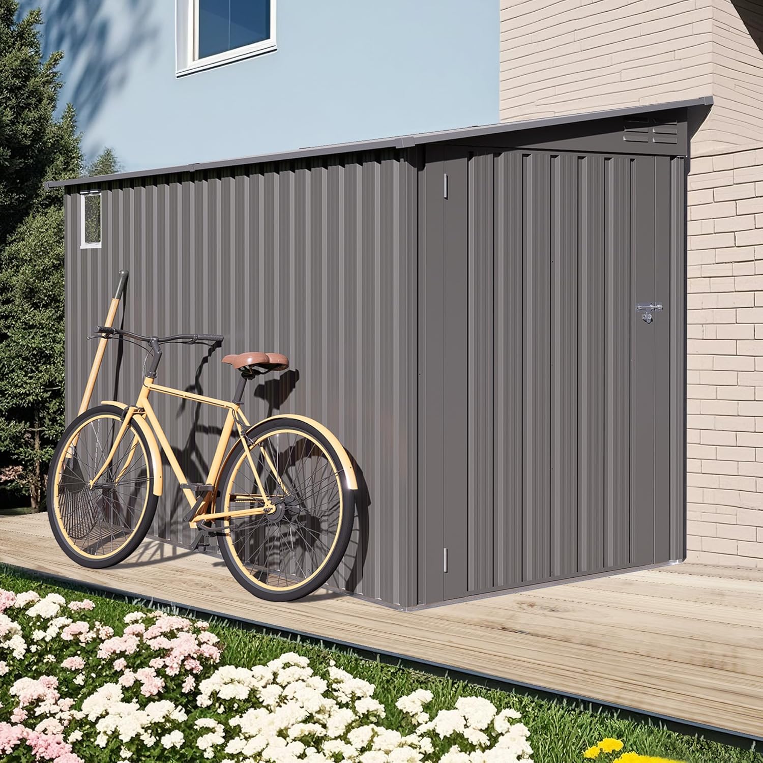 4x9 FT Lean to Shed with Windows, Metal Sheds & Outdoor Storage with 6 Vents and 1 Side Open Door, Outdoor Storage Shed Waterproof for Backyard, Garden, Patio, Gray