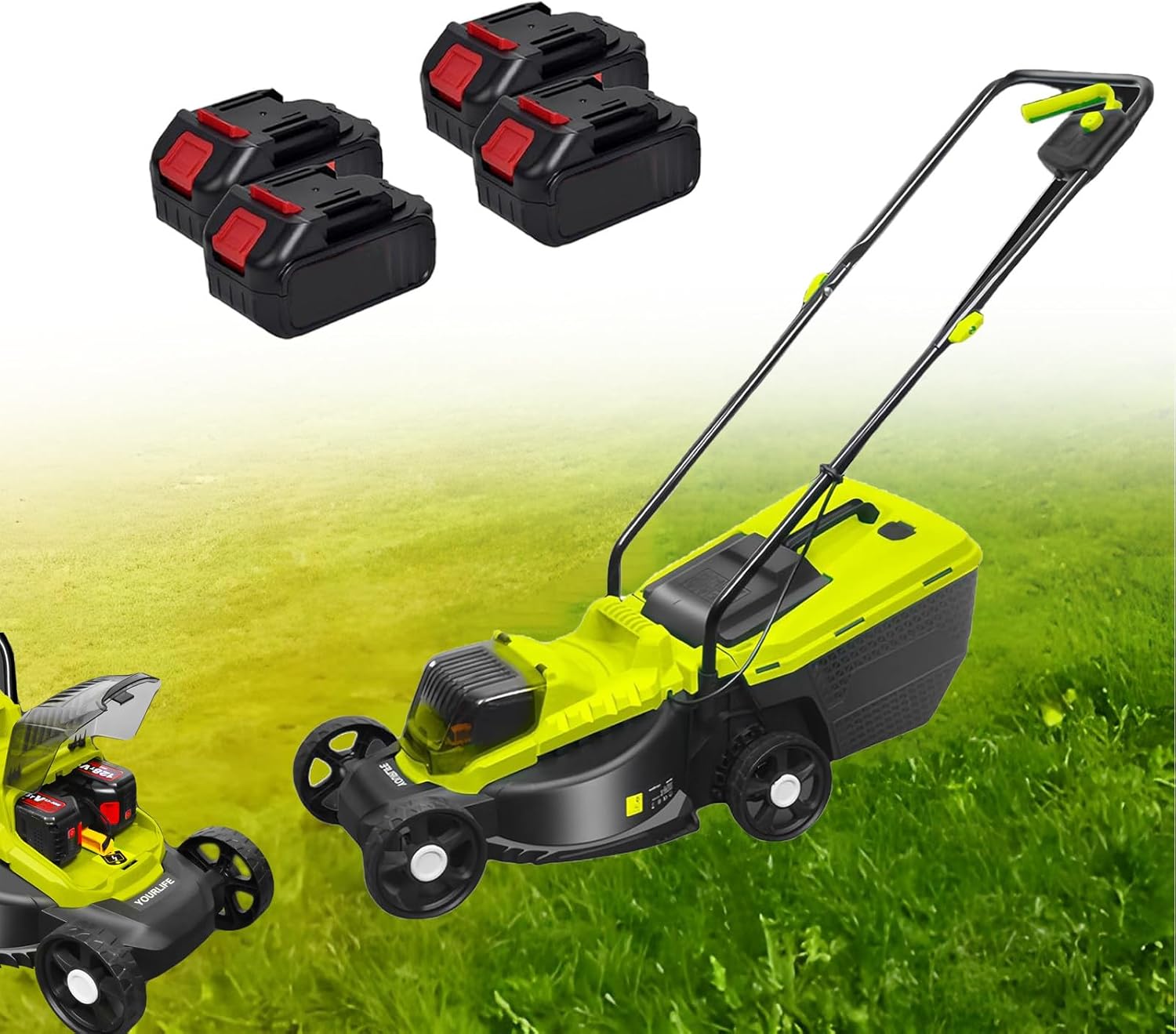 1600W Electric Lawn Mower for Yards,40V Self-Propelled Lawn Mower Cordless with 3-Position Height Adjustment,4.0Ah Lithium Battery,Lawn Dethatcher for Lawns & Garden,45Min Runtime,4 batteries