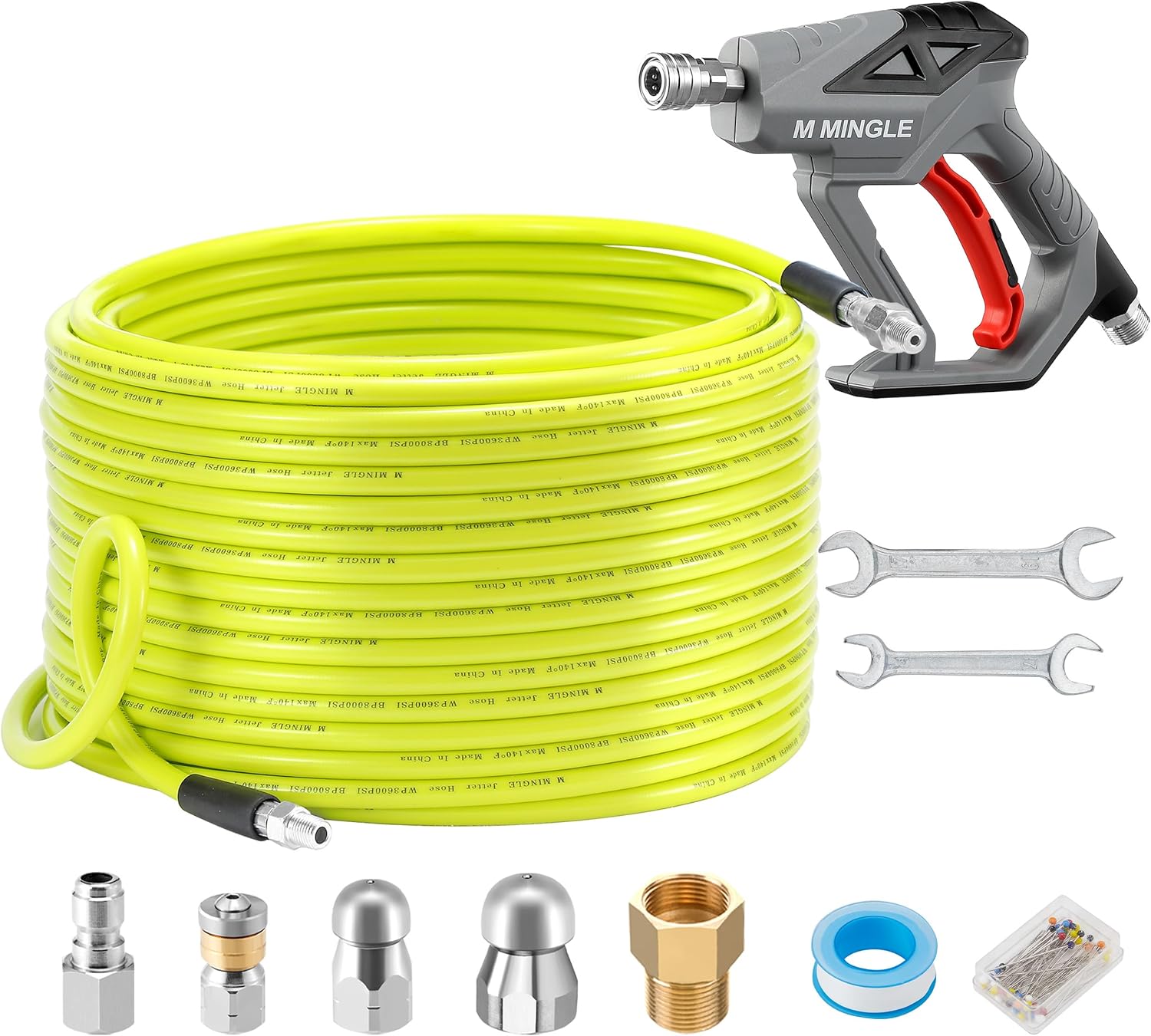 M MINGLE Sewer Jetter Kit for Pressure Washer 200 FT, Drain Cleaner Hose with Power Washer Gun, 1/4 Inch NPT Corner Rotating and Button Nose Sewer Jetting Nozzle, Orifice 4.0, 4.5