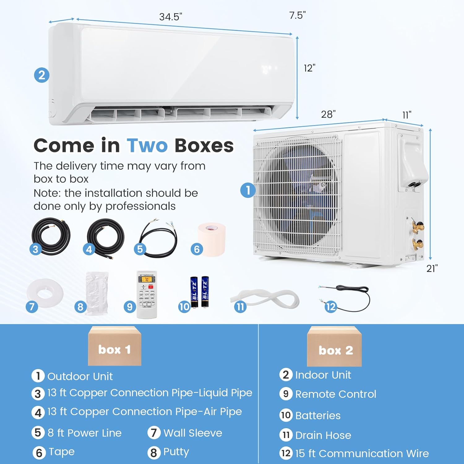 KOTEK 12000 BTU Mini Split AC/Heating System, 22 SEER2 Split Air Conditioner w/Heat Pump, Inverter Compressor & Installation Kit, WIFI Enabled, Cools Up to 750 Sq.Ft, Compatible with Alexa, 208-230V