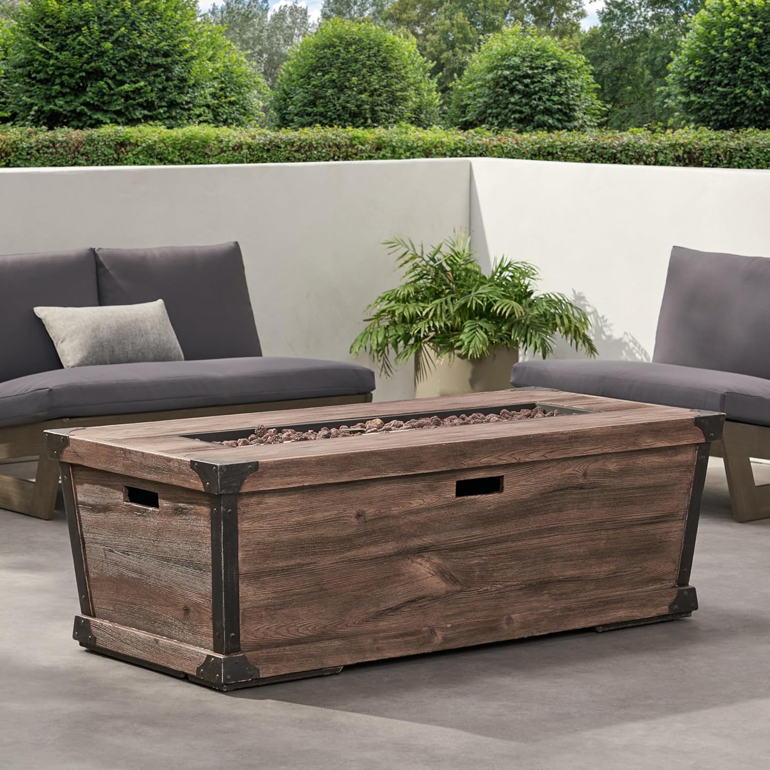 56 Inches Rectangle Outdoor Concrete Gas Fire Table – 50,000 Btu Wood Pattern Fire Pit, Brown Patio Heater (Tank Cover Not Included)