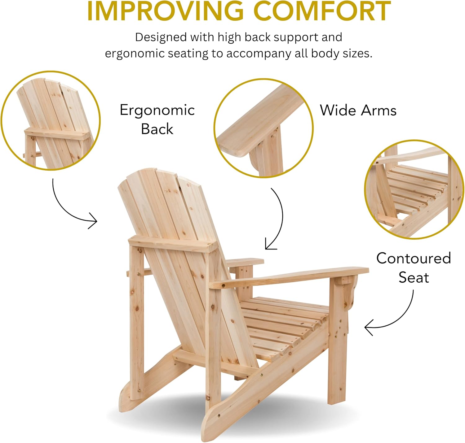 Shine Company Mid-Century Modern Wooden Adirondack Chair, Outdoor Patio Firepit Chairs, Back & Seat Pre-Assembled, Natural