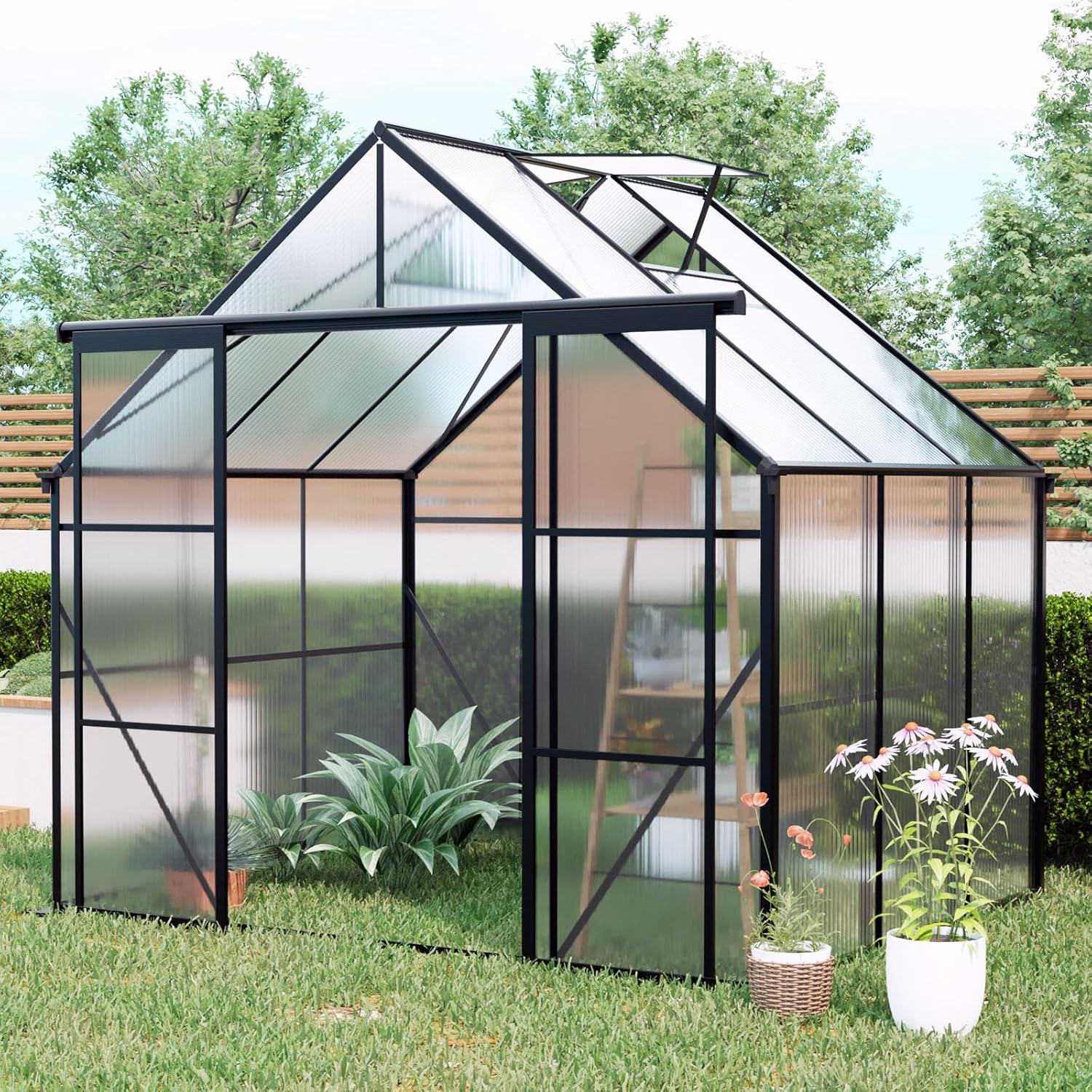 Heavy Duty All Season Outdoor Greenhouse, Aluminum Frame Double Polycarbonate Panels Walk-in Garden Greenhouse for Vegetables Flowers (Black 8 * 10FT)