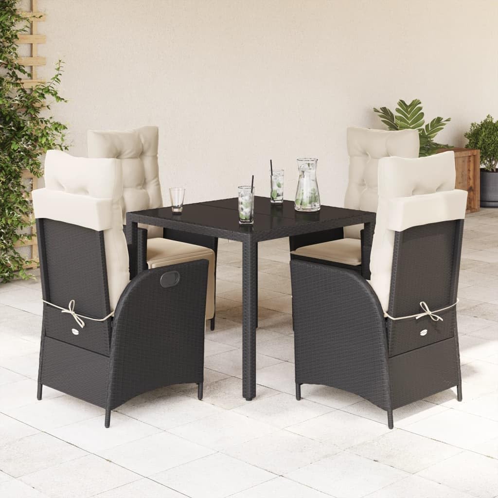 5 Piece Patio Dining Set with Cushions Black Poly Rattan,Outdoor PE Rattan Dining Set with Adjustable Backrest and Cushioned Seats Patio Furniture Sets, Outdoor Furniture Sets
