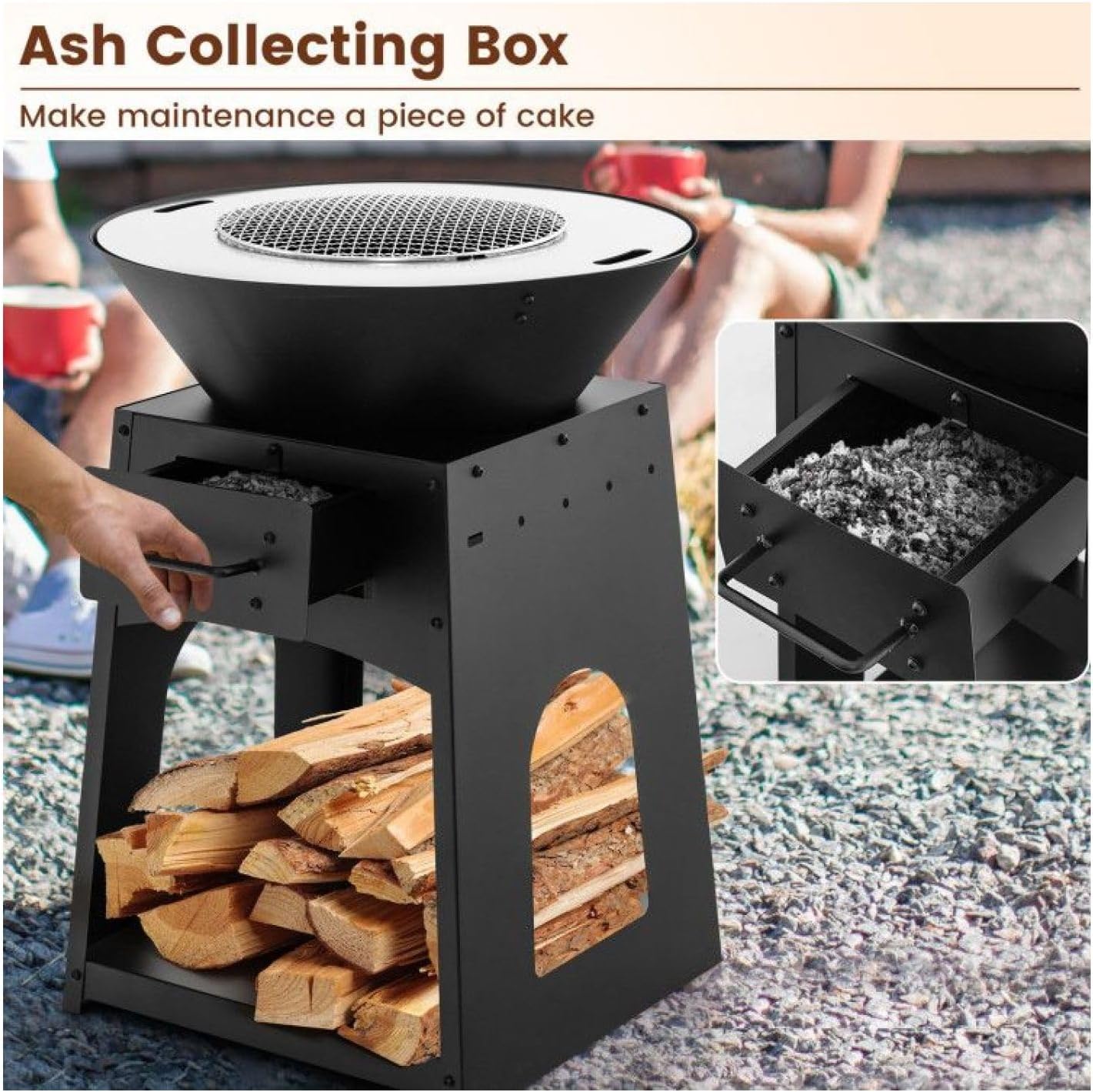 Outdoor Fire Pit with Grill and Log Rack, 24