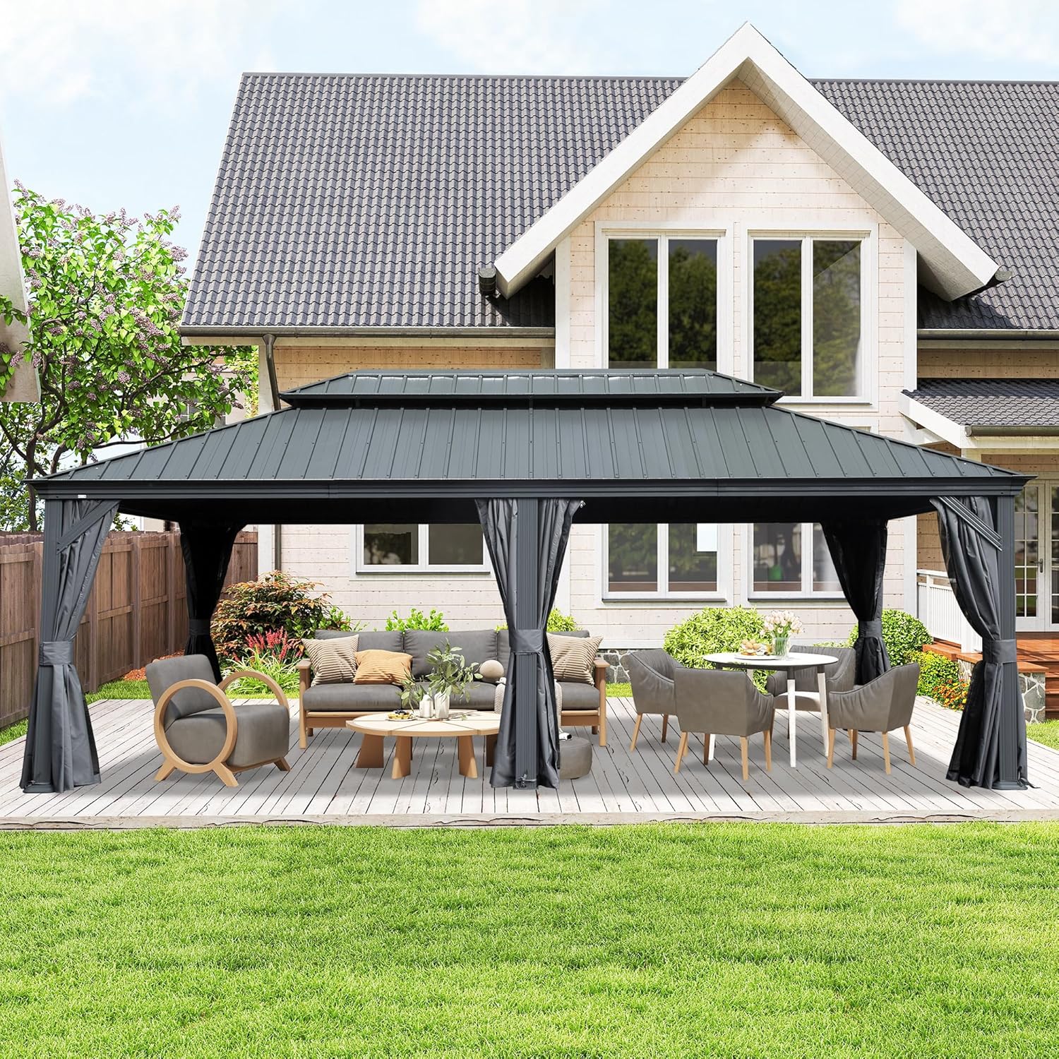 Domi 14' X 24' Hardtop Gazebo, Upgraded Metal Gazebo with Drainage System, Dual-Layer Galvanized Steel Roof, Curtain and Netting, Outdoor Shelter Canopy for Patio, Garden, and Backyard, Grey