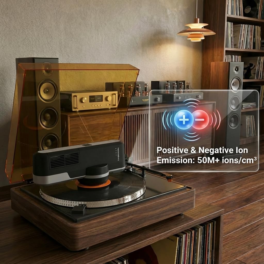 HumminGuru Orbit Static Remover for Vinyl Records, Vinyl Record Cleaner Machine Removes Static Charge Evenly, 360° LP Rotating Ionizer, Anti-Static Turntable Record Player Accessories Cleaning Kit