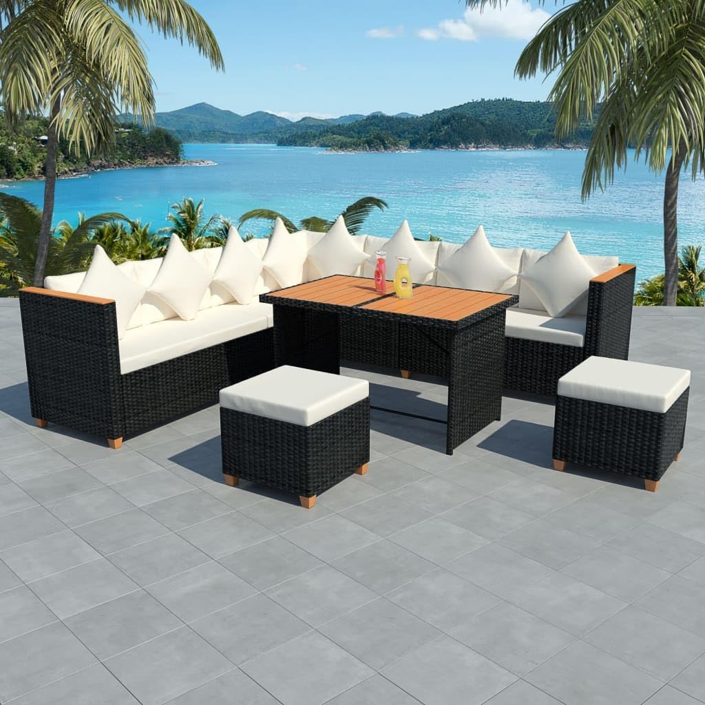 Furniture Sets 7 Piece Patio Lounge Set with Cushions Poly Rattan Black,Luxurious Rattan Dining Set: Stylish Comfort for Your Outdoor Oasis Garden Conversation Sets