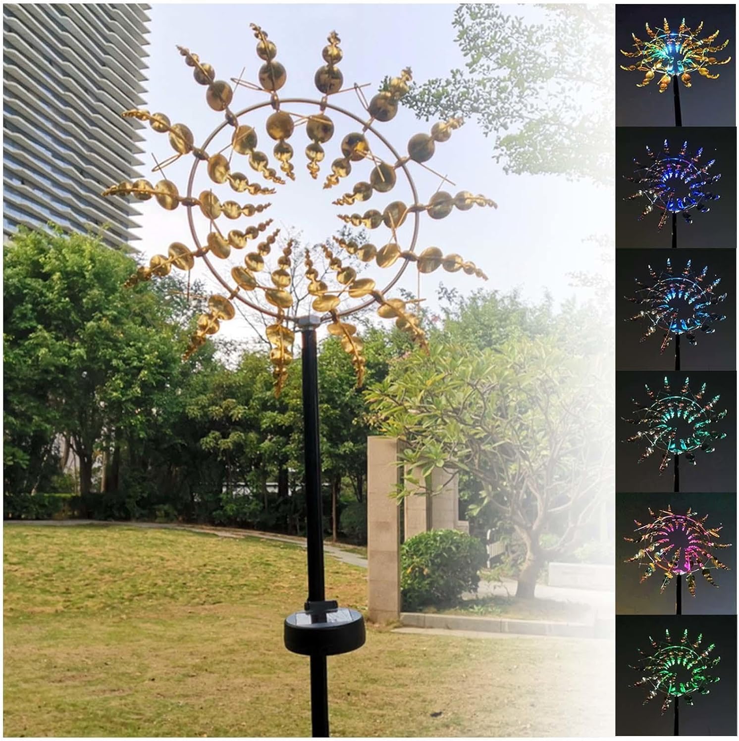 Solar Magical Metal Windmill, Garden Spinners Outdoor 3D Wind Powered, 13.4 x 71in Yard Spinner,Gold