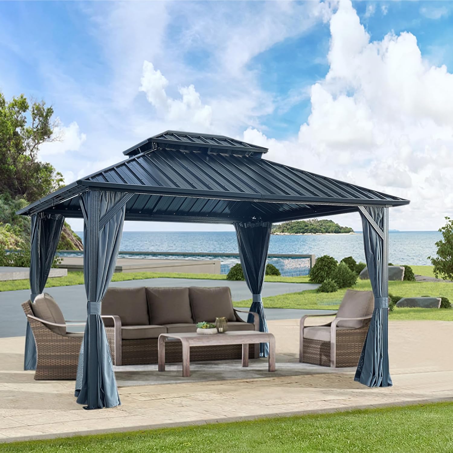 10x12ft Gazebo Double Roof Canopy with Netting and Curtains, Outdoor Gazebo 2 Tier Hardtop Galvanized Iron Aluminum e GTent for Patio, Backyard, Deck and Lawns