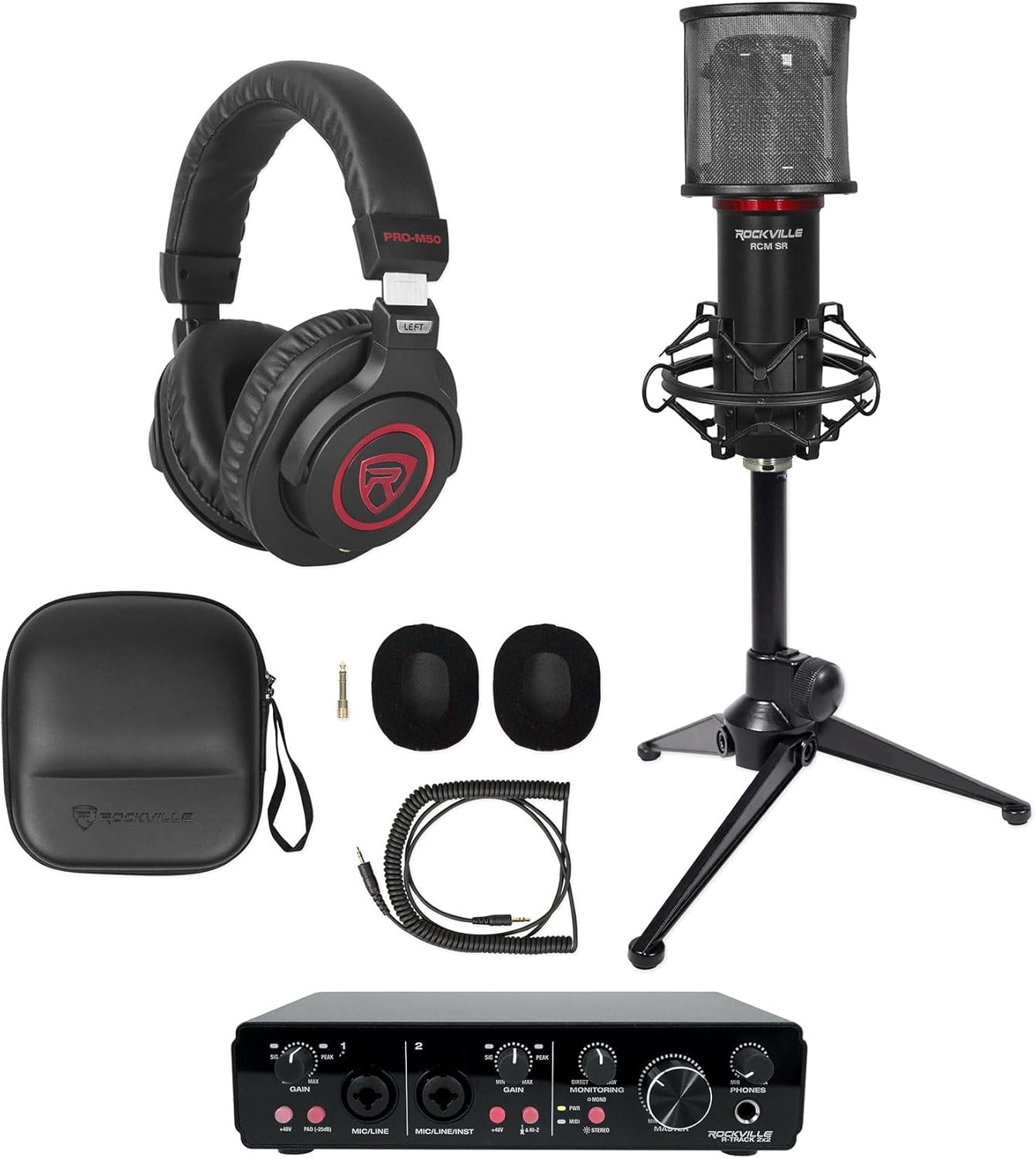 Rockville Bundle: R-TRACK 2x2 USB Computer Recording Interface Bundle with PRO-M50 SR Studio Headphones+RDTS Stand+RCM SR Studio/Recording Condenser Microphone Mic w/Samsung Capacitors (4 Items)