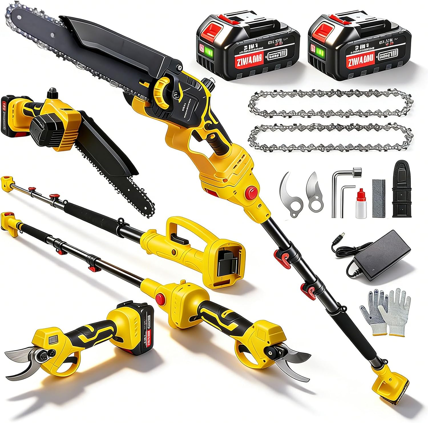 4-in-1 Cordless Electric Pole Saw & Pole Pruning Shear, 8 Inch Mini Chainsaw & Electric Pruning Shears with Brushless Motor, 16ft Reach Pole, 2×21V 4.0Ah Batteries for Tree Trimming & Wood Cutting