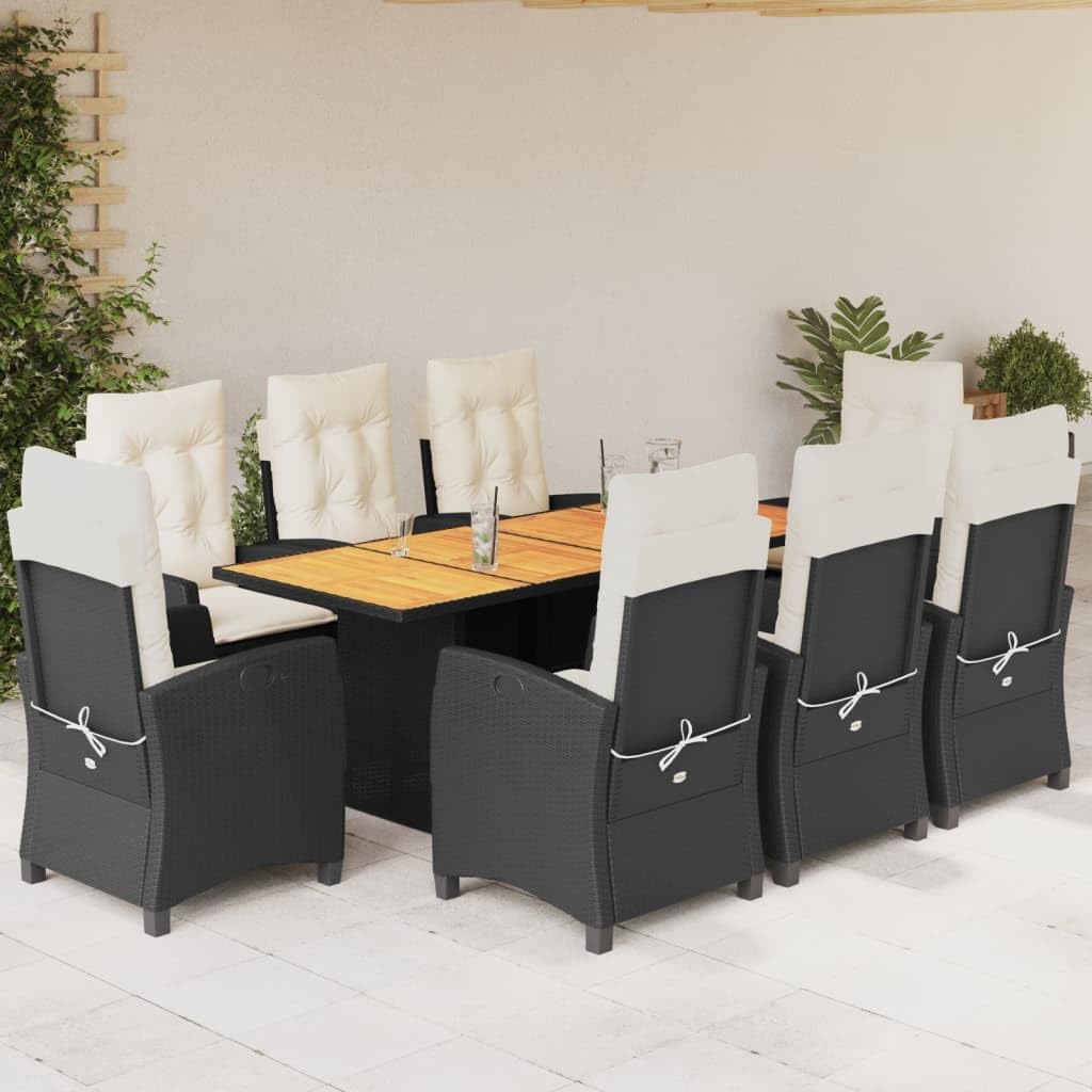 9 Piece Patio Dining Set with Cushions Black Poly Rattan Garden Furniture