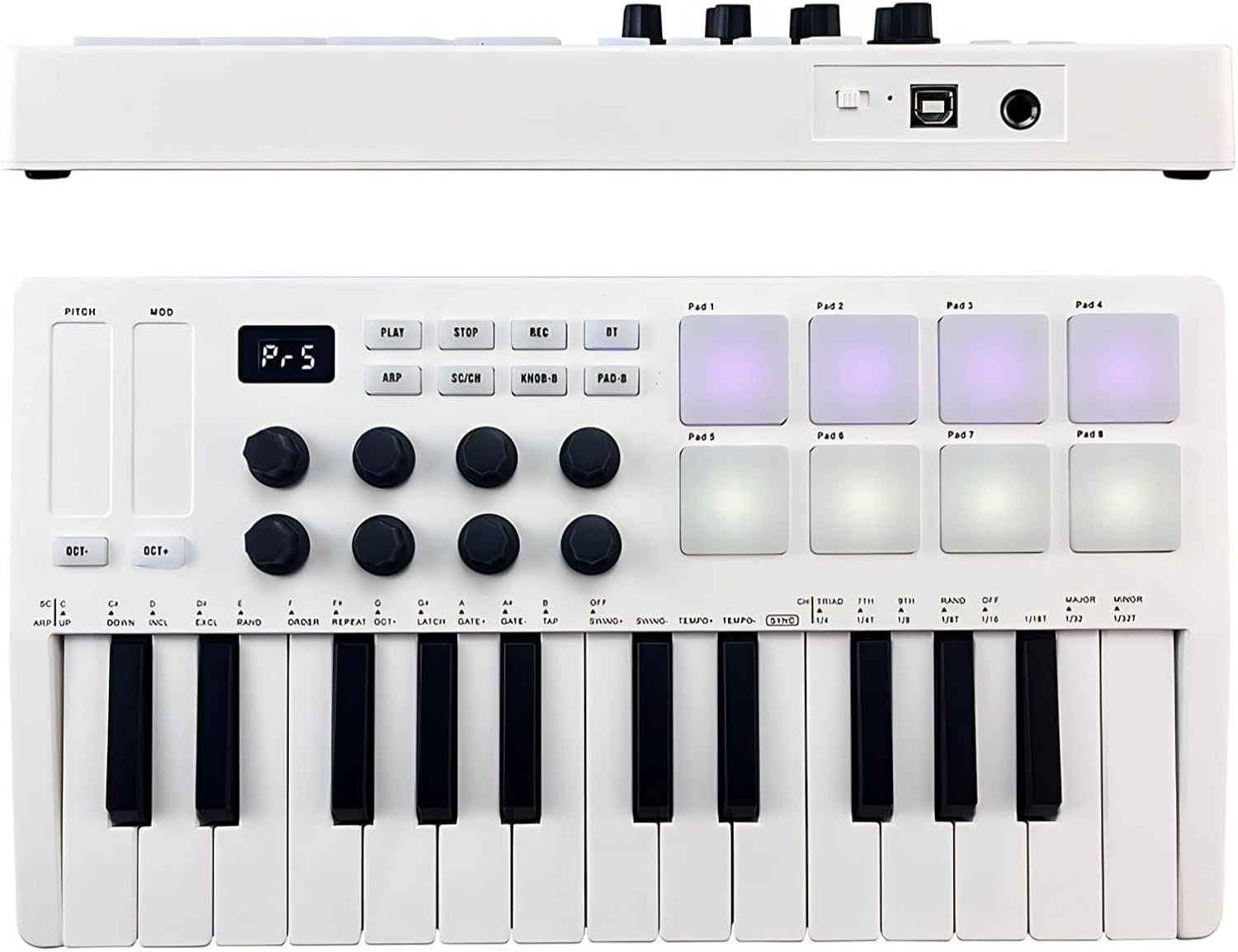 MIDI Keyboard Controller, 25 Key Portable Bluetooth MIDI Controller with 8 Backlit Drum Pads 8 Knobs, Mini Beat Maker for Music Production for Beginners Music making