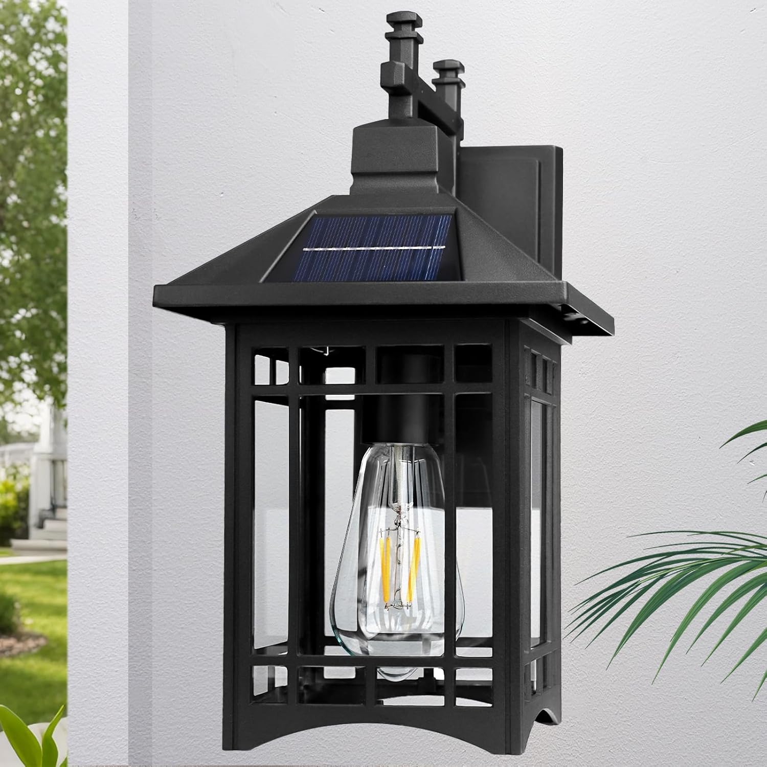 Solar Outdoor Wall Light，Exterior Lighting fixtures，Modern Black Exterior Light Fixture with Clear Glass Shade，Outdoor Solar Wall Lights Dusk to Dawn，for House Garage Doorway Patio
