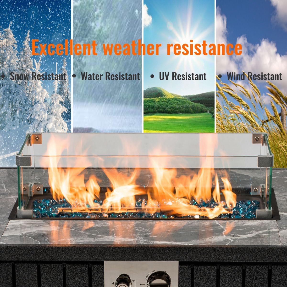 42'' Fire Pit Table with Natural Gas Conversion Kit, Marble Tile Ceramic Tabletop with Glass Wind Guard, Inclined Leg and Art Powder Design, Blue Glass Rocks, Including Lid&Cover