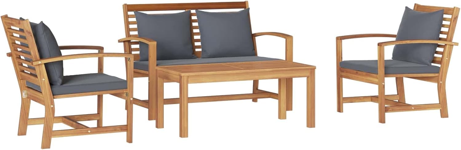 Garden Sofa Set 4 pcs Natural Solid Teak Wood, Outdoor Patio Furniture with Removable Cushions, Balcony Dining Table and Chairs Set