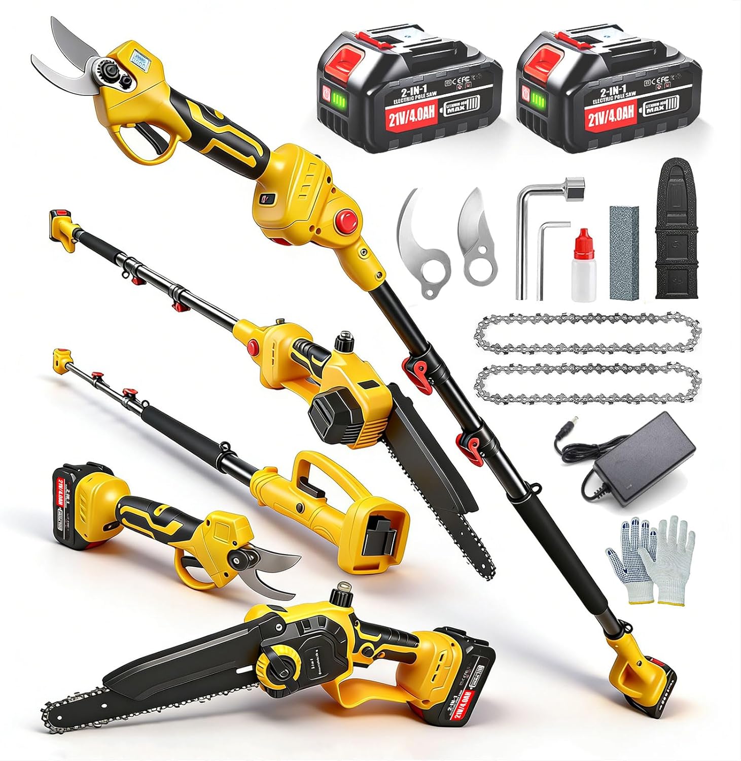4-in-1 Brushless Pole Pruning Shear & Pole Saw, 21V Cordless Electric Pruning Shears & Mini Chainsaw with 2 x 4000mAh Battery Powered, 16FT Max Reach Pole Pruner & Pole Saw Kit for Tree Trimming