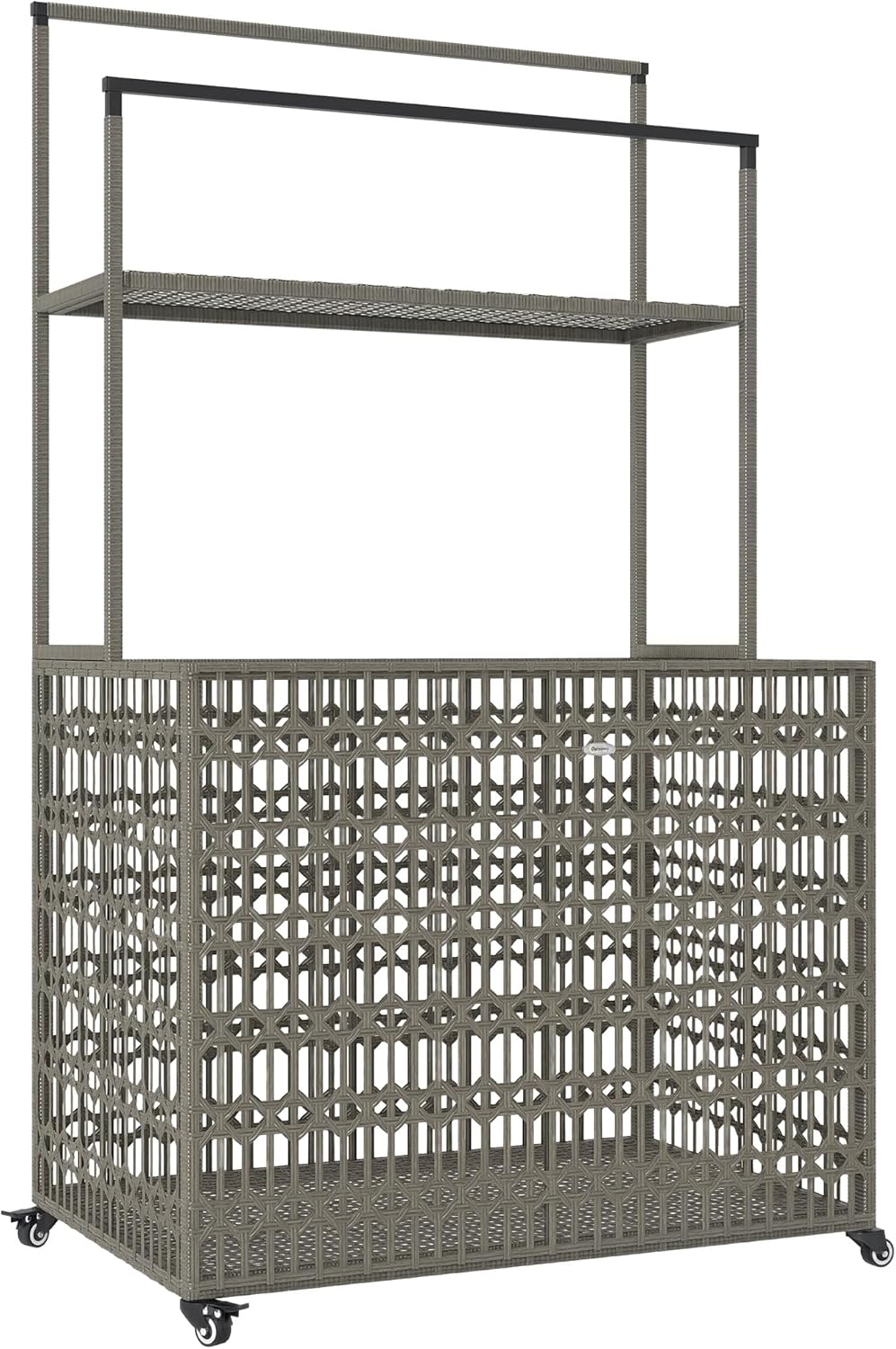 Outsunny Wicker Pool Float Storage Organizer, PE Rattan Pool Float Holder with Basket Shelf Towel Bars, Rolling Pool Caddy for Floaties, Noodles, Life Vests, Beach Balls, Mixed-Gray