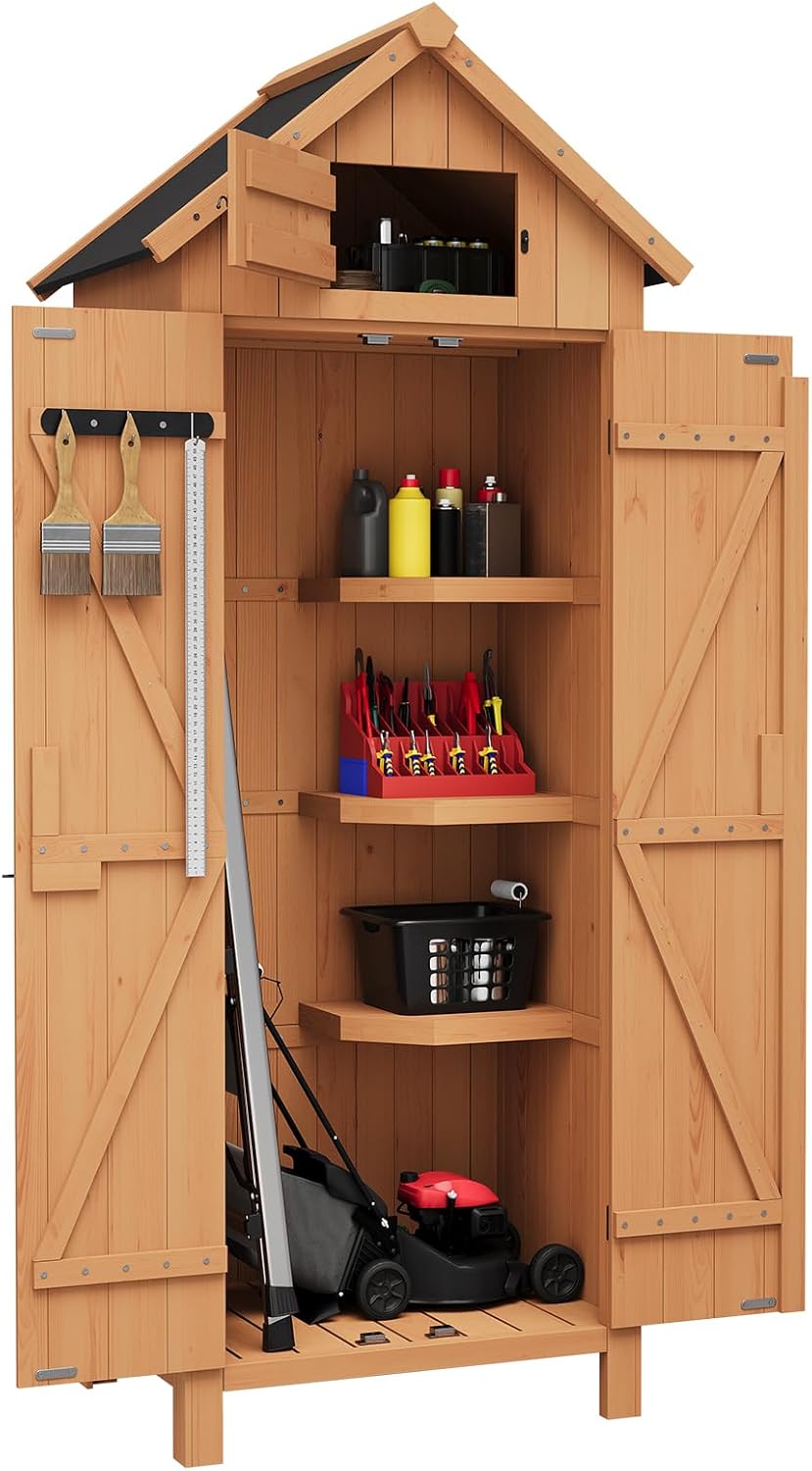 GarveeLife Outdoor Wooden Storage Shed Waterproof, 70 in Vertical Outdoor Storage Cabinet with 3 Shelves, Roof Storage & Lockable Door, Space-Saving Garden Tool Shed for Patio, Yard, Lawn