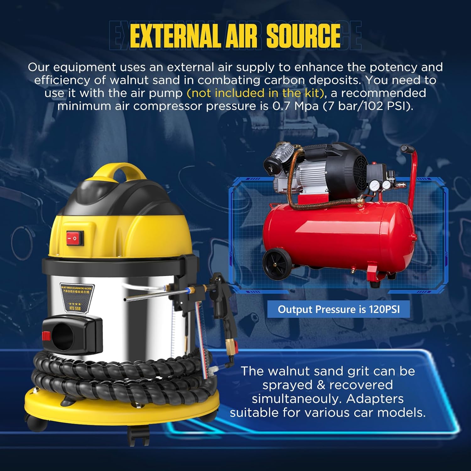 Walnut Blasting Cleaner Machine, with 2KG Walnut Sand & 5 Pcs Adapters Automotive Engine System Intake Pipe Exhaust Valve Cleaning Machine, 1200W 110V/220V Carbon Remover